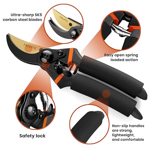 HeyPX Bypass Pruning Shears 8.5" Garden Clippers, Professional Premium Hand Pruners, Multipurpose Gardening Supplies - Super Sharp Garden Scissors Heavy Duty Tool (Including an Extra Blade and Spring)