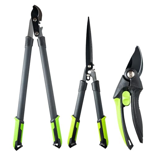HIGFIRE 3pcs Pruner Gardening Scissors Kit with Lopper, Hedge Clipper and Pruning Shear for Yard, Lawn & Garden, Professional Branch Cutter Tree Trimmer for Indoor & Outdoor Gardening