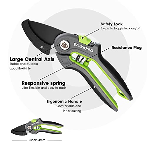 WORKPRO Anvil Pruning Shears, 8’’ Professional Gardening Hand Pruner with SK5 Steel Sharp Blades, Ideal Gardening Tool for Cutting and Trimming, Green