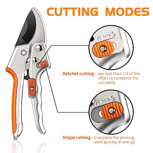 Pruning Shears, Kenossion Gardening Tools - Garden Shears with Ratchet Anvil, Professional Pruners for Gardening, Garden Clippers/Pruning Scissors with Stainless Steel Blades & Non-slip Handle