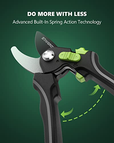 STAYGROW 8.5" Bypass Pruning Shears, All Steel Aluminum Alloy Construction Garden Shears, Ultra Sharp SK5 Carbon Steels Blades with Non-Stick Teflon Coating, Adjustable Opening Cuts Up to 3/4" (20mm）