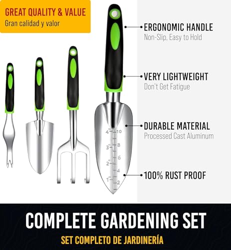Heavy Duty Garden Tools 10 Pieces Set - Rust Proof, Durable Gardening Supplies for Dad from Wife, Son, Daughter - Ergonomic Gardening Hand Tools
