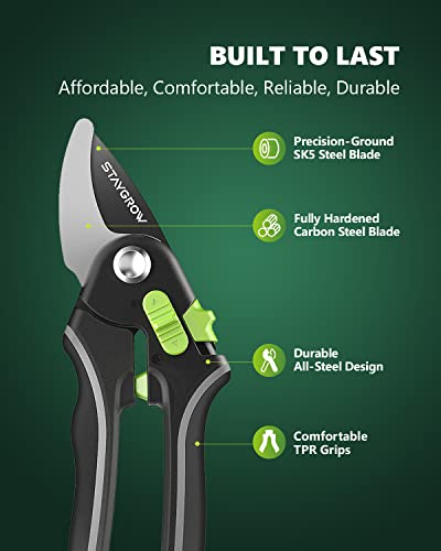 STAYGROW 8.5" Bypass Pruning Shears, All Steel Aluminum Alloy Construction Garden Shears, Ultra Sharp SK5 Carbon Steels Blades with Non-Stick Teflon Coating, Adjustable Opening Cuts Up to 3/4" (20mm）