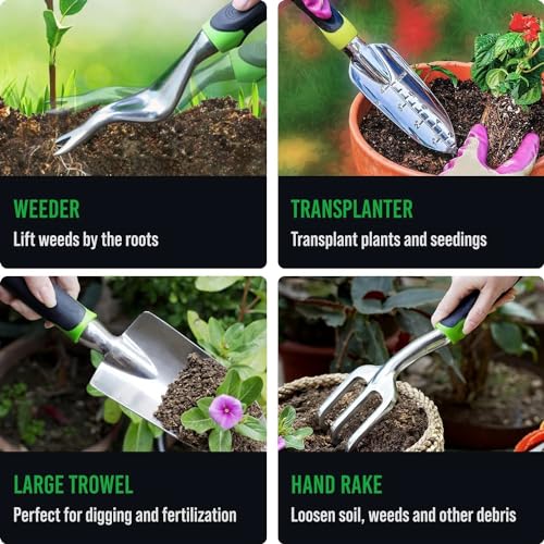 Heavy Duty Garden Tools 10 Pieces Set - Rust Proof, Durable Gardening Supplies for Dad from Wife, Son, Daughter - Ergonomic Gardening Hand Tools