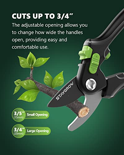 STAYGROW 8.5" Bypass Pruning Shears, All Steel Aluminum Alloy Construction Garden Shears, Ultra Sharp SK5 Carbon Steels Blades with Non-Stick Teflon Coating, Adjustable Opening Cuts Up to 3/4" (20mm）