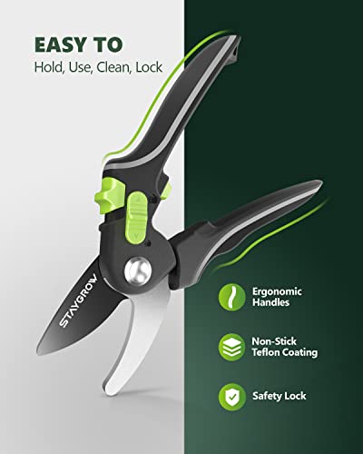 STAYGROW 8.5" Bypass Pruning Shears, All Steel Aluminum Alloy Construction Garden Shears, Ultra Sharp SK5 Carbon Steels Blades with Non-Stick Teflon Coating, Adjustable Opening Cuts Up to 3/4" (20mm）