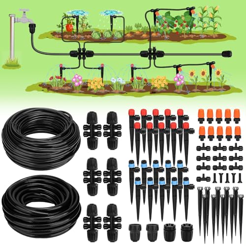 Landtouch Drip Irrigation System, Garden Watering System with Adjustable Drip Emitters Misting Sprinkler, Efficient Sprinkler System Kit for Flower Bed, Raised Bed, Greenhouse, Lawn
