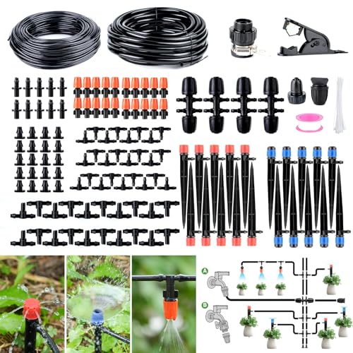 EYYA Drip Irrigation System Kit, 226FT Automatic Micro Irrigation Kit Patio Misting Plant Watering System with 1/2 inch 1/4 inch Drip Irrigation Tubing,Adjustable Nozzle Emitters for Garden Greenhouse