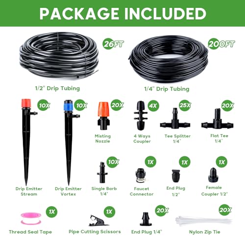EYYA Drip Irrigation System Kit, 226FT Automatic Micro Irrigation Kit Patio Misting Plant Watering System with 1/2 inch 1/4 inch Drip Irrigation Tubing,Adjustable Nozzle Emitters for Garden Greenhouse