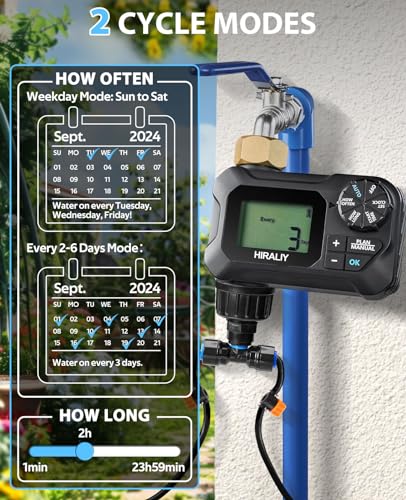 HIRALIY 65FT Automatic Drip Irrigation Kits with Garden Timer, 1/4" Blank Tubing and 4-outlets Misting Watering Nozzles, Auto Plant Watering System for Patio Lawn, Watering Regularly by Timer
