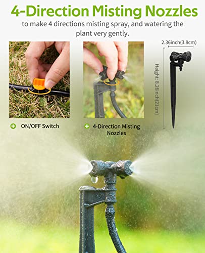 HIRALIY 65FT Automatic Drip Irrigation Kits with Garden Timer, 1/4" Blank Tubing and 4-outlets Misting Watering Nozzles, Auto Plant Watering System for Patio Lawn, Watering Regularly by Timer