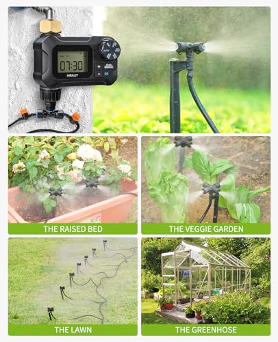 HIRALIY 65FT Automatic Drip Irrigation Kits with Garden Timer, 1/4" Blank Tubing and 4-outlets Misting Watering Nozzles, Auto Plant Watering System for Patio Lawn, Watering Regularly by Timer