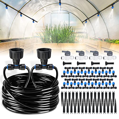 HIRALIY 118FT Greenhouse Mist Drip Irrigation Kit, Hanging Plant Watering System, Garden Watering System with 1/4" Blank Tubing and Misting Nozzles, Quick Connector Design Automatic Irrigation System