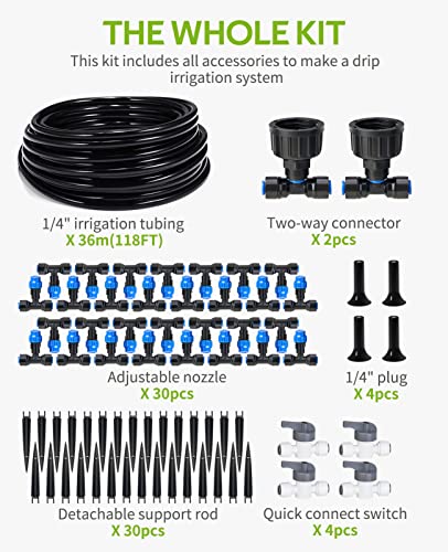 HIRALIY 118FT Greenhouse Mist Drip Irrigation Kit, Hanging Plant Watering System, Garden Watering System with 1/4" Blank Tubing and Misting Nozzles, Quick Connector Design Automatic Irrigation System