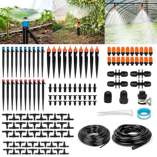 240FT Drip Irrigation System Kit, Yomile Automatic Garden Watering Misting System with 1/2 inch Hose 1/4 inch Distribution Tubing Drip Emitters Drip Spray 2 in 1 Nozzle for Greenhouse, Yard, Lawn