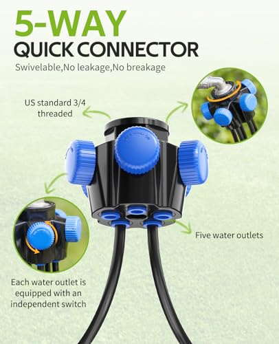 HIRALIY 50FT Garden Watering System with 12Pcs Pressure Compensation Drippers and 5-Way Connector, New Quick Connector Drip Irrigation Kits, Irrigation System for Plant