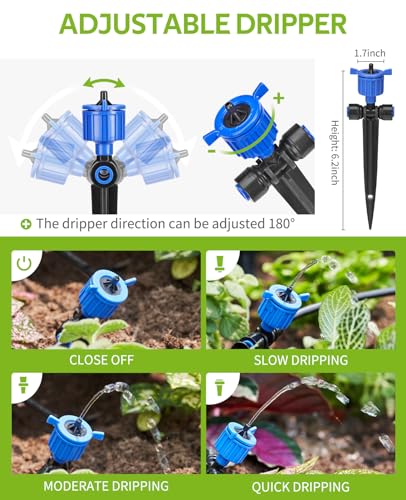 HIRALIY 50FT Garden Watering System with 12Pcs Pressure Compensation Drippers and 5-Way Connector, New Quick Connector Drip Irrigation Kits, Irrigation System for Plant