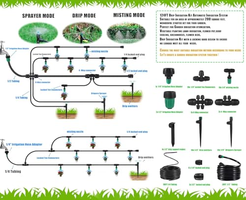NRWRTY Leak-Proof Drip Irrigation Kit,Quick Connect Irrigation System,Lock Barbed Garden Watering System with 1/4 inch 1/2 inch Irrigation Tubing Hose for Garden,Raised Garden Bed, Lawn