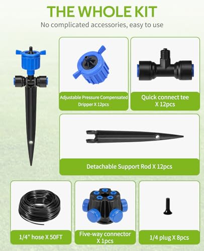 HIRALIY 50FT Garden Watering System with 12Pcs Pressure Compensation Drippers and 5-Way Connector, New Quick Connector Drip Irrigation Kits, Irrigation System for Plant