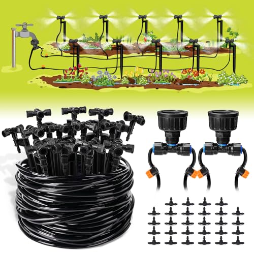 HIRALIY 131.2FT/40M Plant Watering System, Drip Irrigation Kits for Plant, 1/4" Blank Distribution Tubing and 4-outlets Watering Misting Nozzles, Automatic Irrigation Equipment Set for Patio Lawn