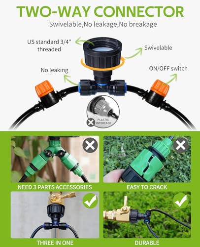 HIRALIY 131.2FT/40M Plant Watering System, Drip Irrigation Kits for Plant, 1/4" Blank Distribution Tubing and 4-outlets Watering Misting Nozzles, Automatic Irrigation Equipment Set for Patio Lawn