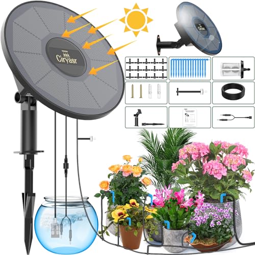 CIRYASR Solar Drip Irrigation System, Automatic Watering System with 2200mAh Battery and 6 Timer Modes for Potted Plants Drip Irrigation Kit for Balconies, Green House, Balcony Gift for Father's Day
