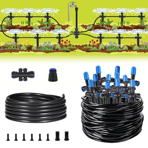 HIRALIY 50FT Quick-Connect Drip Irrigation Kit with Adjustable Fan-Shaped Drippers, Garden Watering System for Plants Vegetable Garden, Saving Water Automatic Irrigation Equipment for Raised Bed