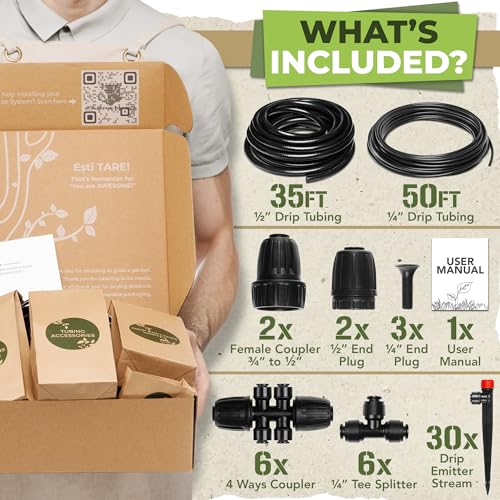 Carpathen Drip Irrigation Kit - New Improved Push-to-Connect Adjustable Drip Irrigation System for Raised Garden Beds, Greenhouse - Complete Micro Watering System with 1/4 Spray Emitters, 1/2 Tubing