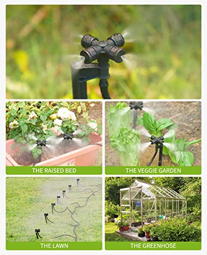 HIRALIY 131.2FT/40M Plant Watering System, Drip Irrigation Kits for Plant, 1/4" Blank Distribution Tubing and 4-outlets Watering Misting Nozzles, Automatic Irrigation Equipment Set for Patio Lawn