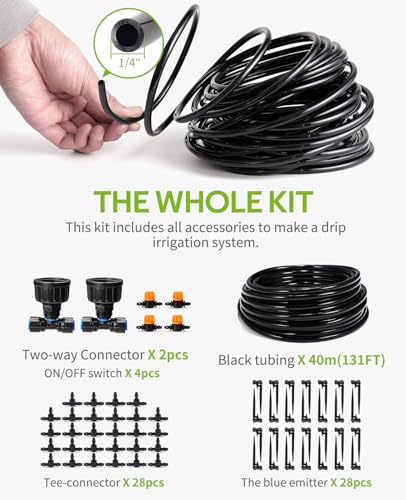 HIRALIY 131.2FT/40M Plant Watering System, Drip Irrigation Kits for Plant, 1/4" Blank Distribution Tubing and 4-outlets Watering Misting Nozzles, Automatic Irrigation Equipment Set for Patio Lawn