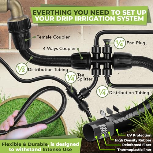 Carpathen Drip Irrigation Kit - New Improved Push-to-Connect Adjustable Drip Irrigation System for Raised Garden Beds, Greenhouse - Complete Micro Watering System with 1/4 Spray Emitters, 1/2 Tubing