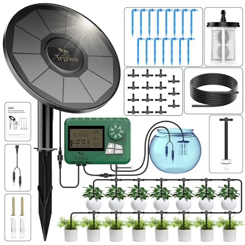 Solar Irrigation System with Automatic DIY Water Timer TRJZWA 2024 Latest Drip Irrigation System Kit for Garden,Balcony,Greenhouse,Garden Watering System Supports 15 Potted Plants with 15 Meter Hose