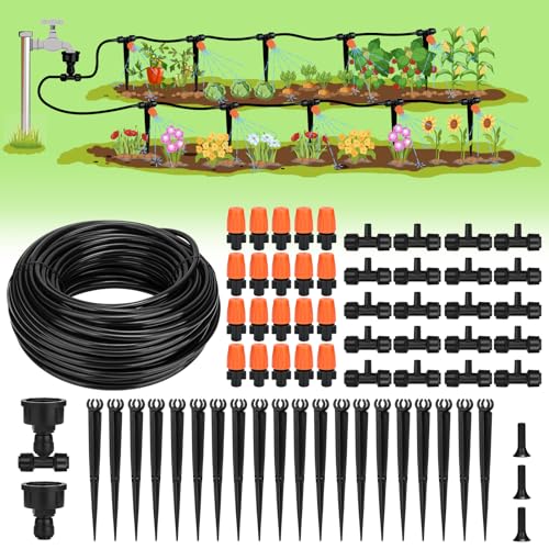 Landtouch 50ft Micro Drip Irrigation Kit, Micro Drip Irrigation System Kit with Adjustable Misting Nozzle Sprinkler, Tubing and Connectors, Watering for Garden, Flower Beds, and Potted Plants