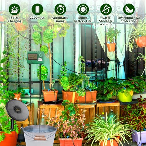 Solar Irrigation System with Automatic DIY Water Timer TRJZWA 2024 Latest Drip Irrigation System Kit for Garden,Balcony,Greenhouse,Garden Watering System Supports 15 Potted Plants with 15 Meter Hose
