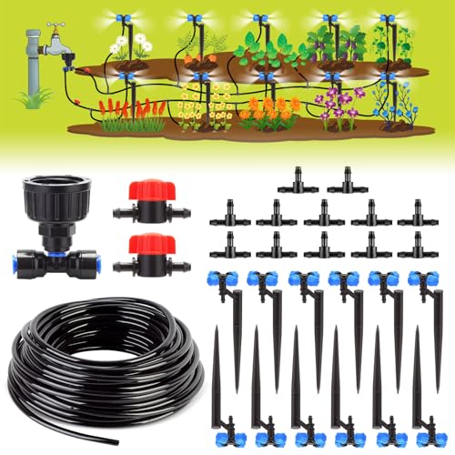 Irrigation System for Garden,50FT Micro Drip Irrigation System Kit with 1/4" Irrigation Tubing 4-Outlet Misting Nozzle Automatic Irrigation System Watering for Plant Flower Raised Bed Lawn Patio