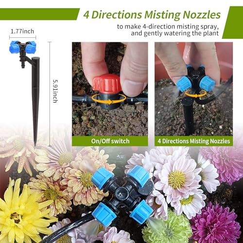 Irrigation System for Garden,50FT Micro Drip Irrigation System Kit with 1/4" Irrigation Tubing 4-Outlet Misting Nozzle Automatic Irrigation System Watering for Plant Flower Raised Bed Lawn Patio