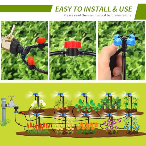 Irrigation System for Garden,50FT Micro Drip Irrigation System Kit with 1/4" Irrigation Tubing 4-Outlet Misting Nozzle Automatic Irrigation System Watering for Plant Flower Raised Bed Lawn Patio