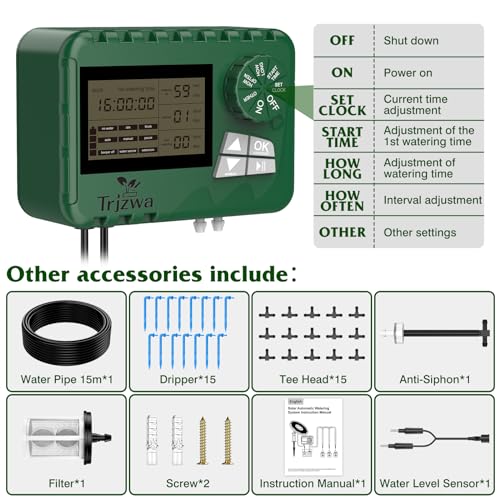 Solar Irrigation System with Automatic DIY Water Timer TRJZWA 2024 Latest Drip Irrigation System Kit for Garden,Balcony,Greenhouse,Garden Watering System Supports 15 Potted Plants with 15 Meter Hose