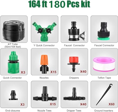 Drip Irrigation System, 180 Pcs 164FT Garden Irrigation System 1/4" Blank Distribution Tubing Watering Drip Kit Automatic Irrigation Equipment for Garden Greenhouse, Flower Bed,Patio,Lawn (164FT)