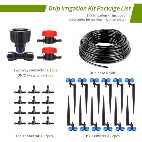 Irrigation System for Garden,50FT Micro Drip Irrigation System Kit with 1/4" Irrigation Tubing 4-Outlet Misting Nozzle Automatic Irrigation System Watering for Plant Flower Raised Bed Lawn Patio