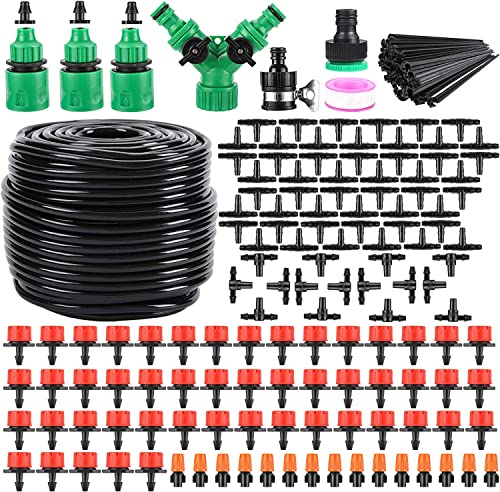 164FT 200 Pcs Drip Irrigation Kit, Garden Irrigation System 1/4" Blank Distribution Tubing Watering Drip Kit Automatic Irrigation Equipment for Garden Greenhouse, Flower Bed,Patio,Lawn (164FT)
