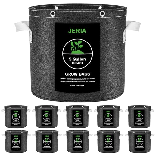 JERIA 10-Pack 5 Gallon Grow Bags, Thick Non-Woven Fabric Pots Planters with Multi-Purpose Rings for Low Stress Plant Training Outdoor Fruits, Vegetables,Flowers