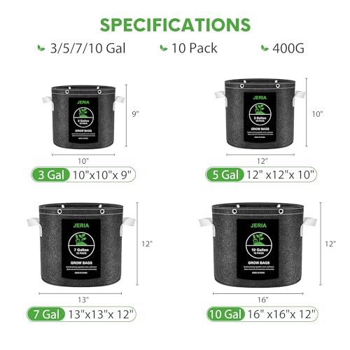 JERIA 10-Pack 5 Gallon Grow Bags, Thick Non-Woven Fabric Pots Planters with Multi-Purpose Rings for Low Stress Plant Training Outdoor Fruits, Vegetables,Flowers