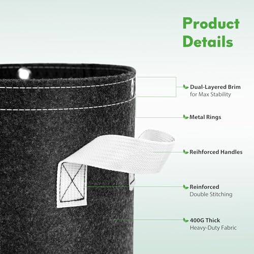 JERIA 10-Pack 5 Gallon Grow Bags, Thick Non-Woven Fabric Pots Planters with Multi-Purpose Rings for Low Stress Plant Training Outdoor Fruits, Vegetables,Flowers