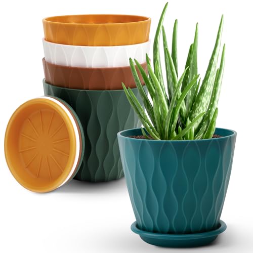 Goproauto 6 Inch Indoor Planter Pots with Drainage Hole and Tray Saucer,Flower Pots for Indoor Outdoor Garden Plants and Flowers, Multicolor, 5 Packs