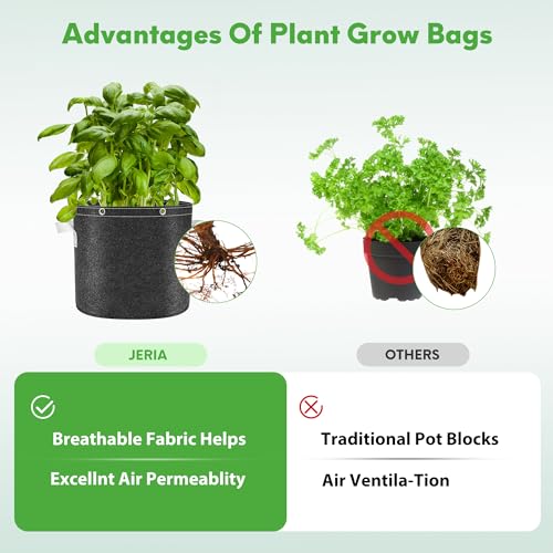 JERIA 10-Pack 5 Gallon Grow Bags, Thick Non-Woven Fabric Pots Planters with Multi-Purpose Rings for Low Stress Plant Training Outdoor Fruits, Vegetables,Flowers