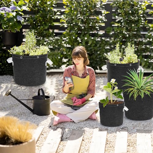 JERIA 10-Pack 5 Gallon Grow Bags, Thick Non-Woven Fabric Pots Planters with Multi-Purpose Rings for Low Stress Plant Training Outdoor Fruits, Vegetables,Flowers