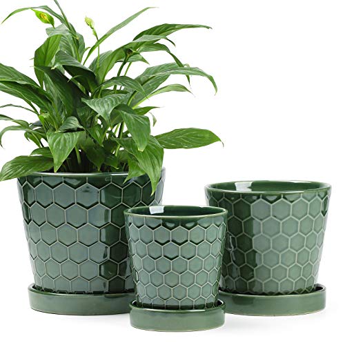 BUYMAX Ceramic Plant Pot – 4”+5”+6” inch Ceramic Flower Pot with Drainage Holes and Ceramic Tray - Gardening Home Desktop Office Windowsill Decoration Gift Set 3 - Plants NOT Included (Patina)