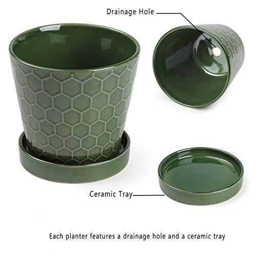 BUYMAX Ceramic Plant Pot – 4”+5”+6” inch Ceramic Flower Pot with Drainage Holes and Ceramic Tray - Gardening Home Desktop Office Windowsill Decoration Gift Set 3 - Plants NOT Included (Patina)