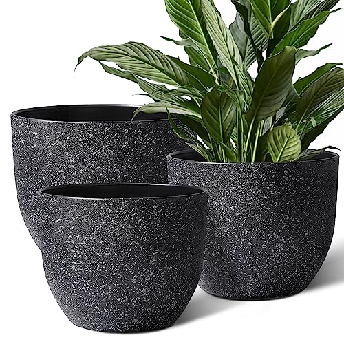 Giraffe Creation Plant Pots 12/10/9 inch Set of 3, Flower Pots Outdoor Indoor, Planters with Drainage Hole, Speckled Black